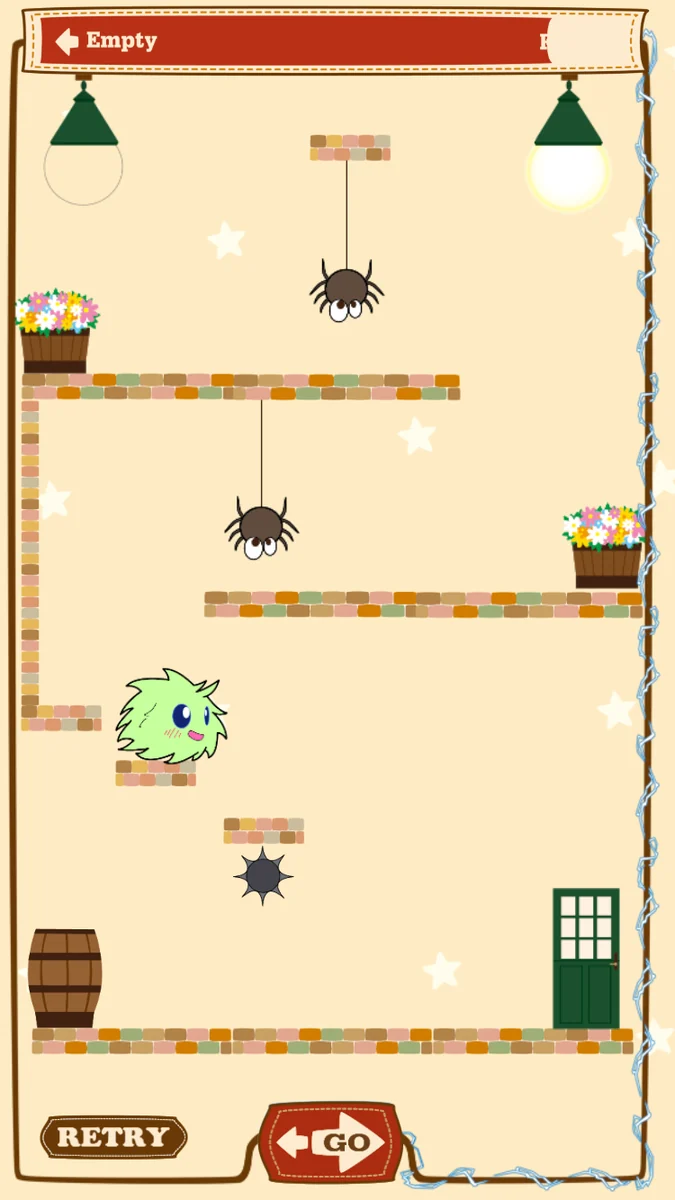 ゲーム画面：天井からクモがぶら下がる、レンガの足場のステージ