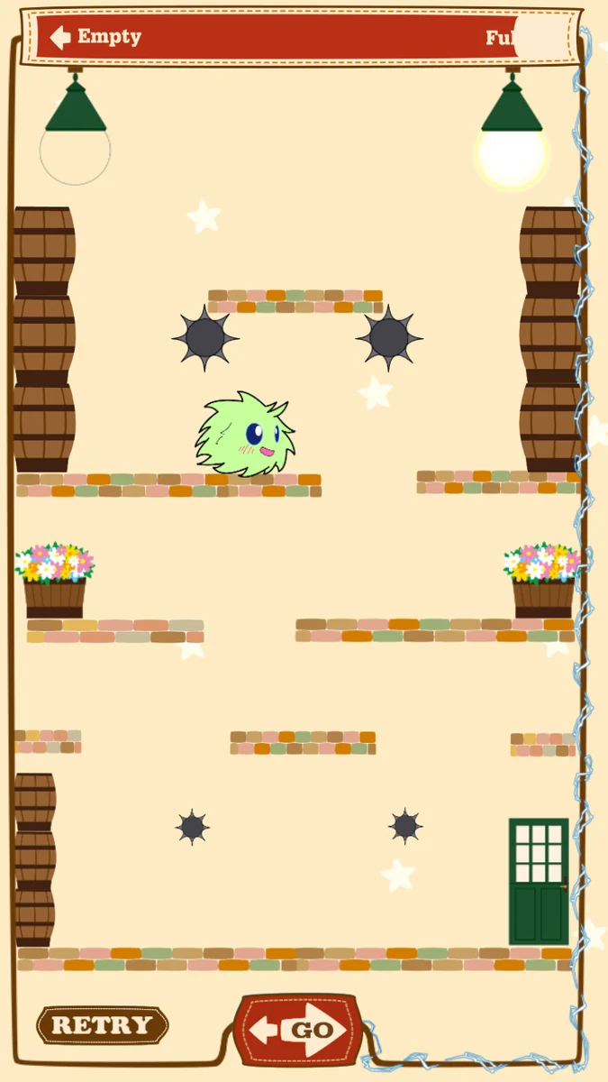 ゲーム画面：トゲの障害物をよけながら、ゴールの扉をめざすステージ