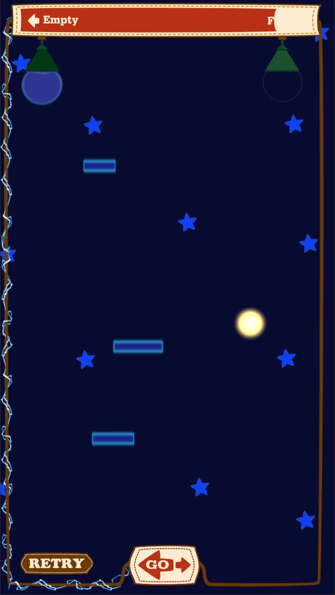 ブラックライトに切り替えたゲーム画面：暗やみに青く光る足場が浮かび上がる