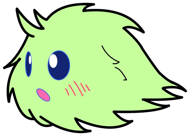 フィリーのイラスト。緑色のふわふわな体に、大きな青い目