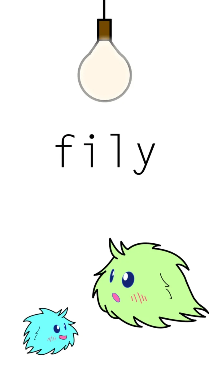 『fily』のタイトル画面。電球と、緑と水色のふわふわな生きもの