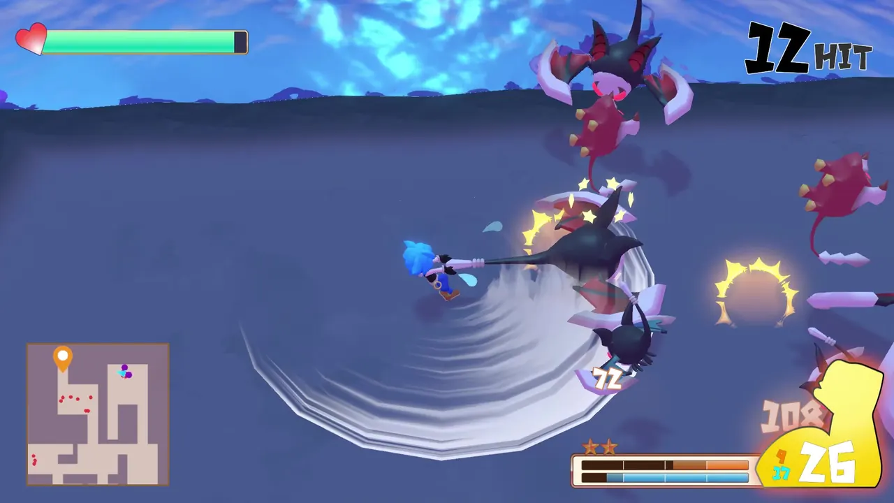 敵をぶんまわして攻撃するゲーム画面