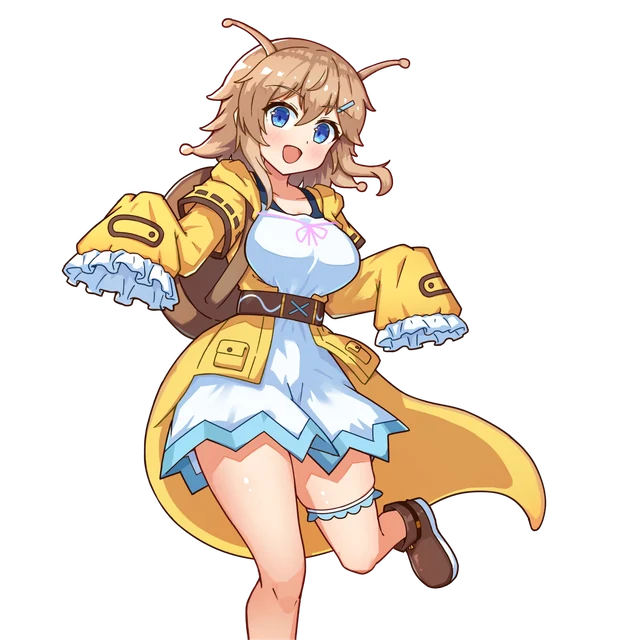 メイナの立ち絵。黄色いコートを着たナメツムリの少女
