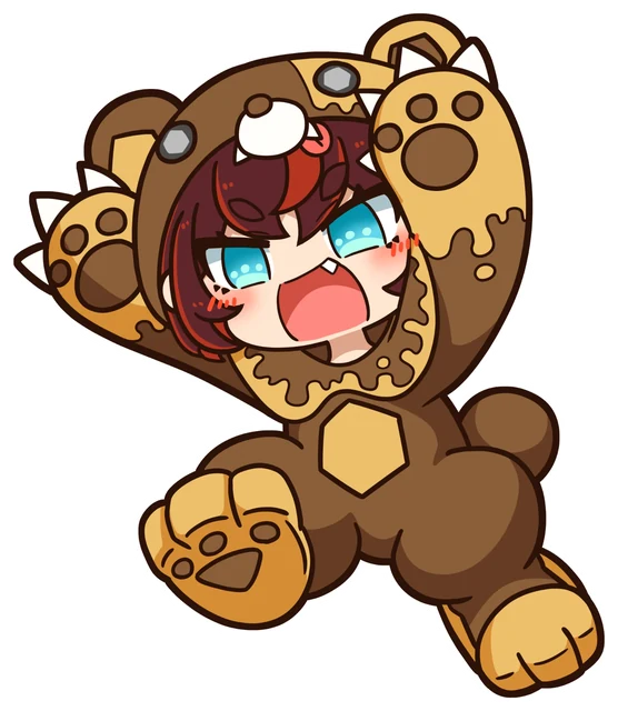 クマチのイラスト。クマの着ぐるみ姿で、両手を上げて飛びかかるポーズ